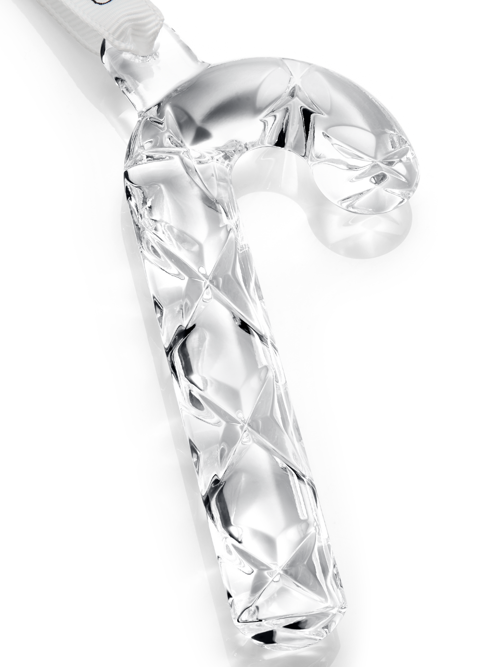 Waterford Crystal Mini Candy Cane Ornament with diamond-cut detail, finished with a white and gold satin ribbon and a metal tag, ideal for festive tree décor